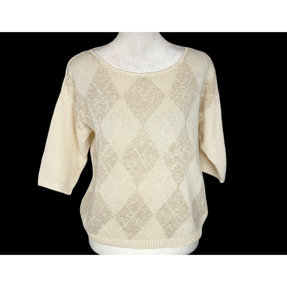 Vtg KITTY HAWK Women Short Sleeve Argyle Design Pullover Sweater Sz M Ivory 4a-3
